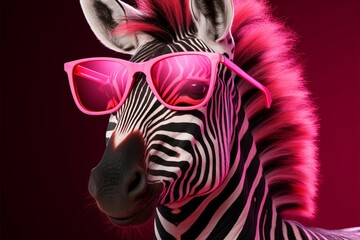 A zebras charm shines through pink sunglasses, an eye catching choice