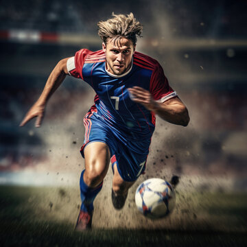 soccer player in action on the field of stadium under spotlights. created by generative AI technology.