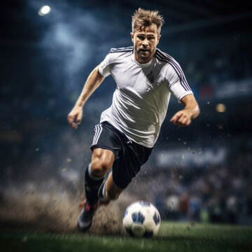 Fototapeta soccer player in action on the field of stadium under spotlights. created by generative AI technology.