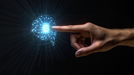 Fototapeta premium Businessman touching digital artificial intelligence interface on dark background. created by generative AI technology.