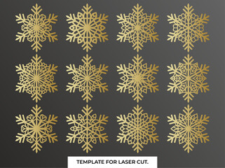 Set of laser cutting openwork snowflakes. Vector silhouette of christmas decoration. Template for paper isolated on blue background. Stencil for scrapbooking, carved wood.	