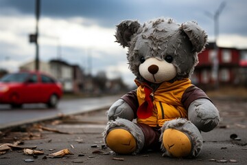 An old, well worn soft toy left abandoned on the street - obrazy, fototapety, plakaty