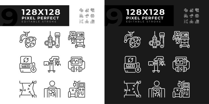 Medical technology pixel perfect linear icons set for dark, light mode. Modern equipment. Health care. Hospital devices. Thin line symbols for night, day theme. Isolated illustrations. Editable stroke