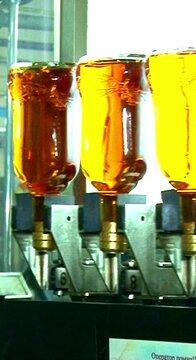 Whiskey and brandy production line. Factory machine pouring alcohol into bottles
