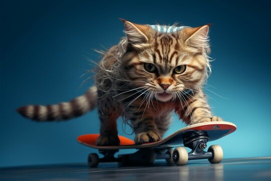 Blue backdrop, a skateboarding cat exudes a groovy, cool attitude