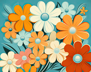 Colorful 70s Retro Style poster art with flowers, and retro colors such as orange, pale blue, yellow and greens. Background texture or wall art.