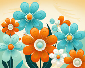 Fototapeta na wymiar Colorful 70s Retro Style poster art with flowers, and retro colors such as orange, pale blue, yellow and greens. Background texture or wall art.