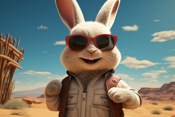 Cartoon bunny shades up in a desert adventure - obrazy, fototapety, plakaty