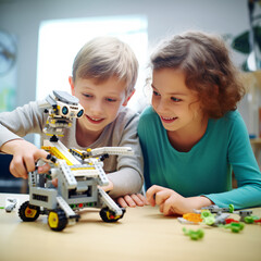 Children - boy and girl playing, developing abilities, assembling a robot