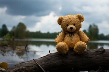 Dark toned vintage bear doll evokes solitude, a silent sentinel