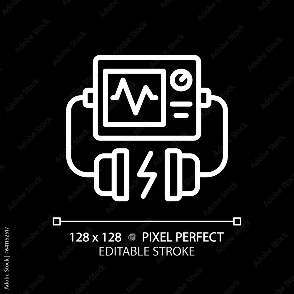 Sticker Defibrillator pixel perfect white linear icon for dark theme. Life saving device. Emergency medical equipment. Cardiac massage. Thin line illustration. Isolated symbol for night mode. Editable stroke