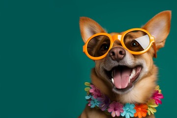 Dog wears adorable glasses, exuding charm with a cheerful smile