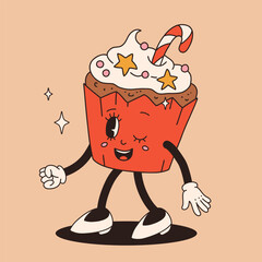 Funny Retro cartoon christmas Character in groovy 50s, 60s, 70s Vintage Style. Happy new year mascot with hot coffee, cocoa, gingerbread, cake, cupcake and cookie. Xmas vintage characters.