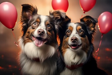 Fototapeta na wymiar Duo of Border Collies with heart balloon adorable, heartwarming companionship