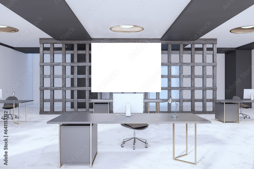 Poster modern designer office interior with empty white mock up banner, furniture and equipment. 3d renderi