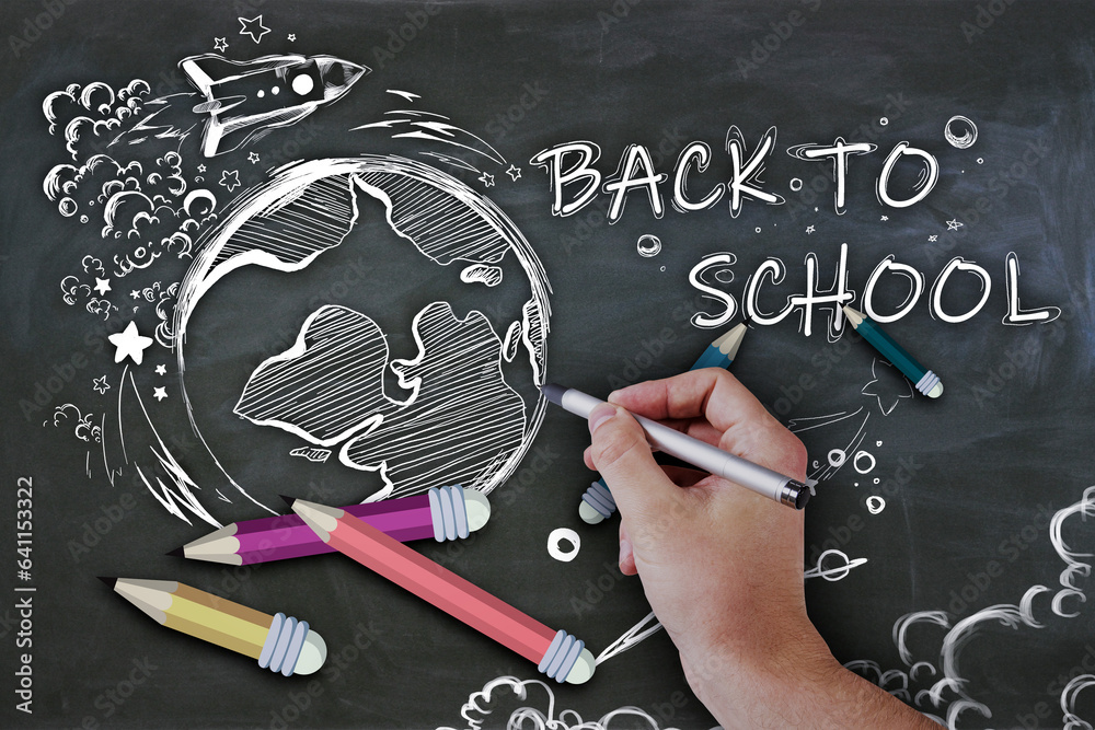 Poster close up of man hand drawing abstract back to school sketch with pencils and rocket on chalkboard wa