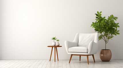 Fototapeta na wymiar a white armchair, a small coffee table and a vase with a plant in a room with a minimalist design, legal AI