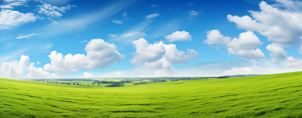 Fototapeta na wymiar landscape with a field on a blue sky with clouds. beautiful panorama, legal AI