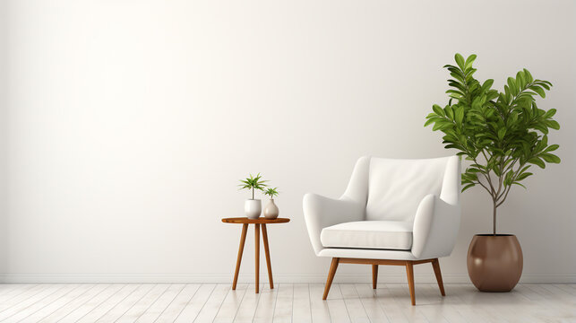 a white armchair, a small coffee table and a vase with a plant in a room with a minimalist design, legal AI