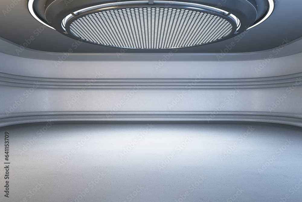 Poster modern light futuristic interior with round ceiling and mock up place. grunge garage concept. 3d ren