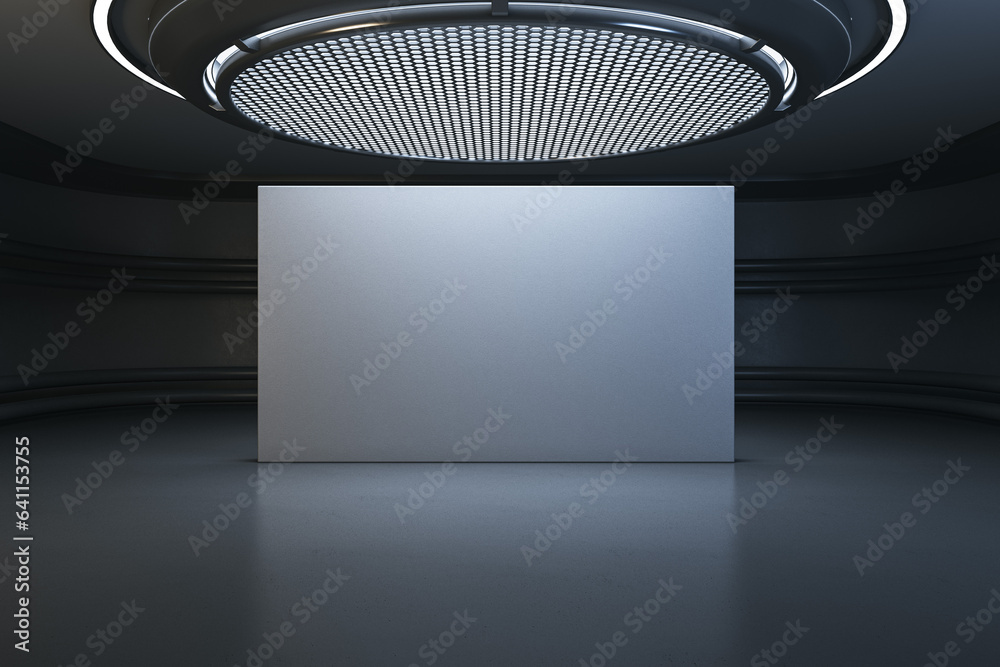Poster modern dark futuristic interior with round ceiling and empty banner with mock up place. grunge garag