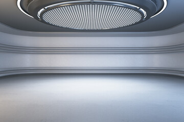 Modern light futuristic interior with round ceiling and mock up place. Grunge garage concept. 3D Rendering.