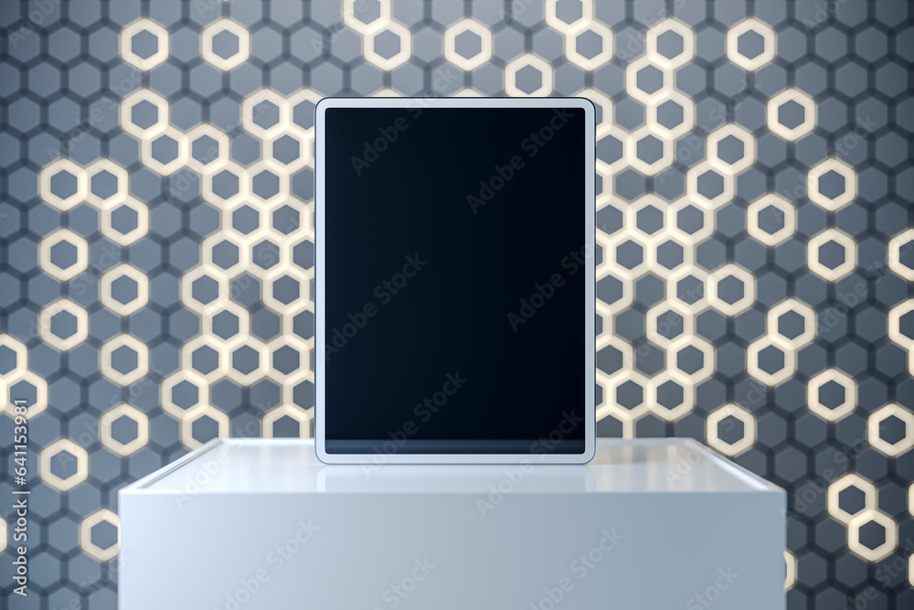 Poster Empty tablet screen on pedestal with mock up place and gray hexagonal background. Creative presentation concept. 3D Rendering.