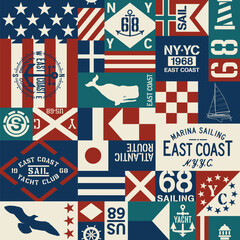East coast nautical flags and sailing elements patchwork vector seamless pattern  - 641153951