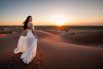 Fototapeta na wymiar Full body portrait of a young model in a long white dress with a hem blowing in the wind in the desert at sunset