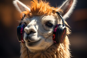 Intellectual llama with stylish glasses enjoys music with a chic flair