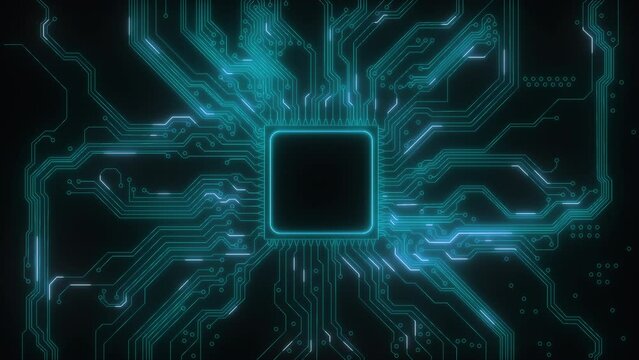 Looped seamless animation of information flows on an electronic board. Large chip with tracks on a black background. High-tech background.