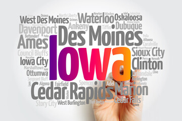 List of cities in Iowa USA state, word cloud concept background