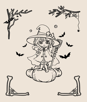 Halloween witch with broom on pumpkin. Black and white vector illustration for coloring book