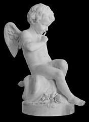 Angel statue isolated on white background. White stone sculpture of praying cherub isolated photo...