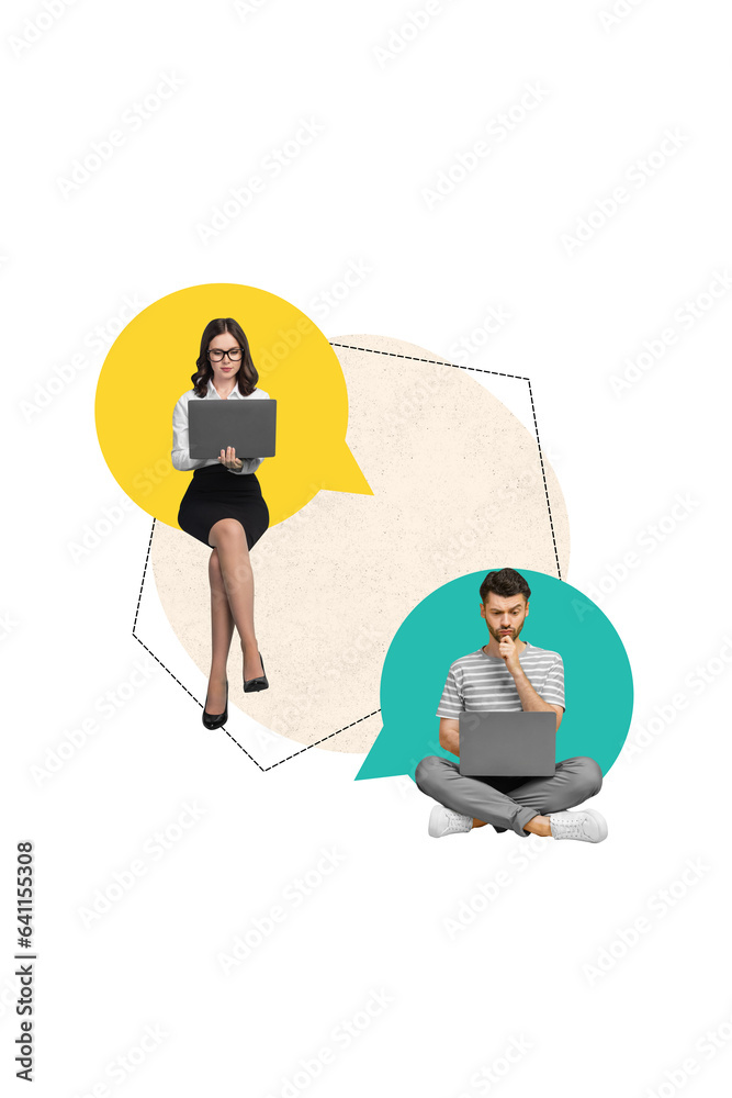 Poster vertical creative composite photo collage of minded thoughtul people on remote meeting sit with lapt