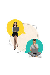Vertical creative composite photo collage of minded thoughtul people on remote meeting sit with...