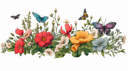composition of wildflowers in the grass and flying butterflies on a white background. colorful illustration, legal AI