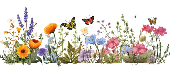 beautiful Wildflowers in the grass and butterflies flying above them on a white background, colorful illustration, legal AI
