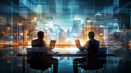 two businessmen are negotiating at a table near a large panoramic window in the office overlooking the Big night city, legal AI