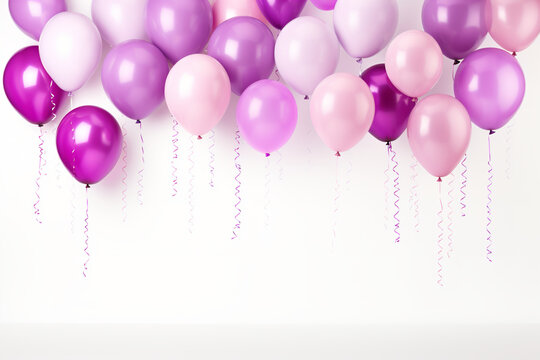 Beautiful purple and pink balloons bundle various birthday shapes no background, white background