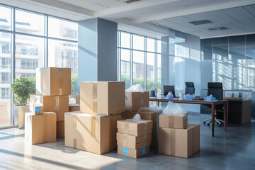 moving boxes in an empty modern office interior, in the style of uhd image, softbox lighting, simplistic, light amber and gray, matte photo, light and airy,