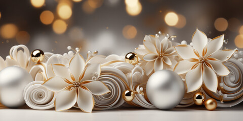 Pretty panoramic fantasy abstract christmas scene with silver baubles, pretty white flowers, on a blurred background. Great for website banners, headers, christmas card, invitation. Space for text.