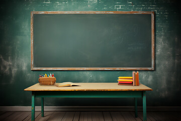 school desk, background school class, blackboard, green
