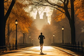 A Caucasian man in athletic wear is running around Central Park