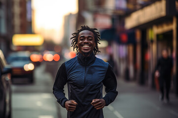 An African American man in athletic wear is running through the streets of New York