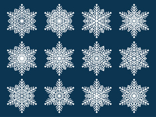 Set of snowflakes. Laser cut pattern for christmas paper cards, design elements, scrapbooking. Vector illustration. - obrazy, fototapety, plakaty