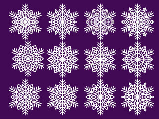 Set of laser cutting openwork snowflakes. Vector silhouette of christmas decoration. Template for paper isolated on blue background. Stencil for scrapbooking, carved wood.	