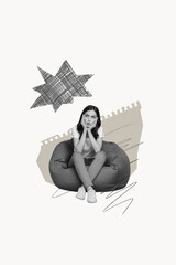 Picture black white gamma collage of minded girl sitting comfort pouf dream relax rest recreation...