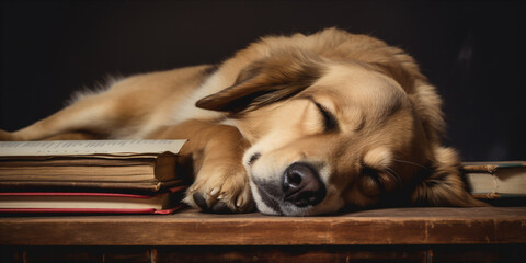 dog in glasses Sleeping after Studying. Generative AI