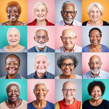 Photo collage portrait of multiracial smiling senior people with different ages looking at camera. Mosaic of happy elderly faces. 